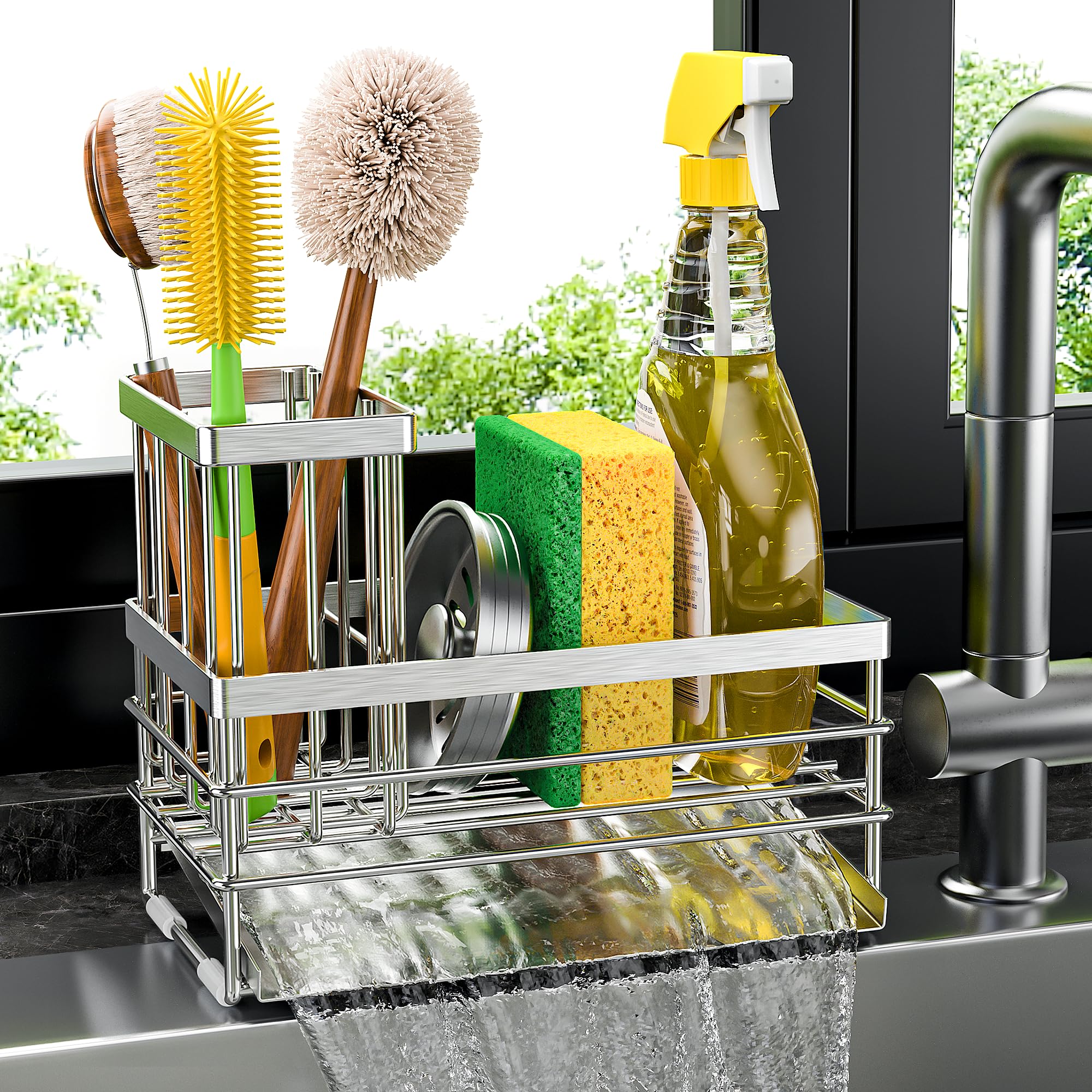Photo 1 of Cisily Sink Caddy Sponge Holder for Kitchen with Brush Holder and Stainless Steel Self Drain Tray, Rustproof Kitchen Sink Organizer for Sponge, Soap Dispenser Storage Accessories (Stainless Steel)