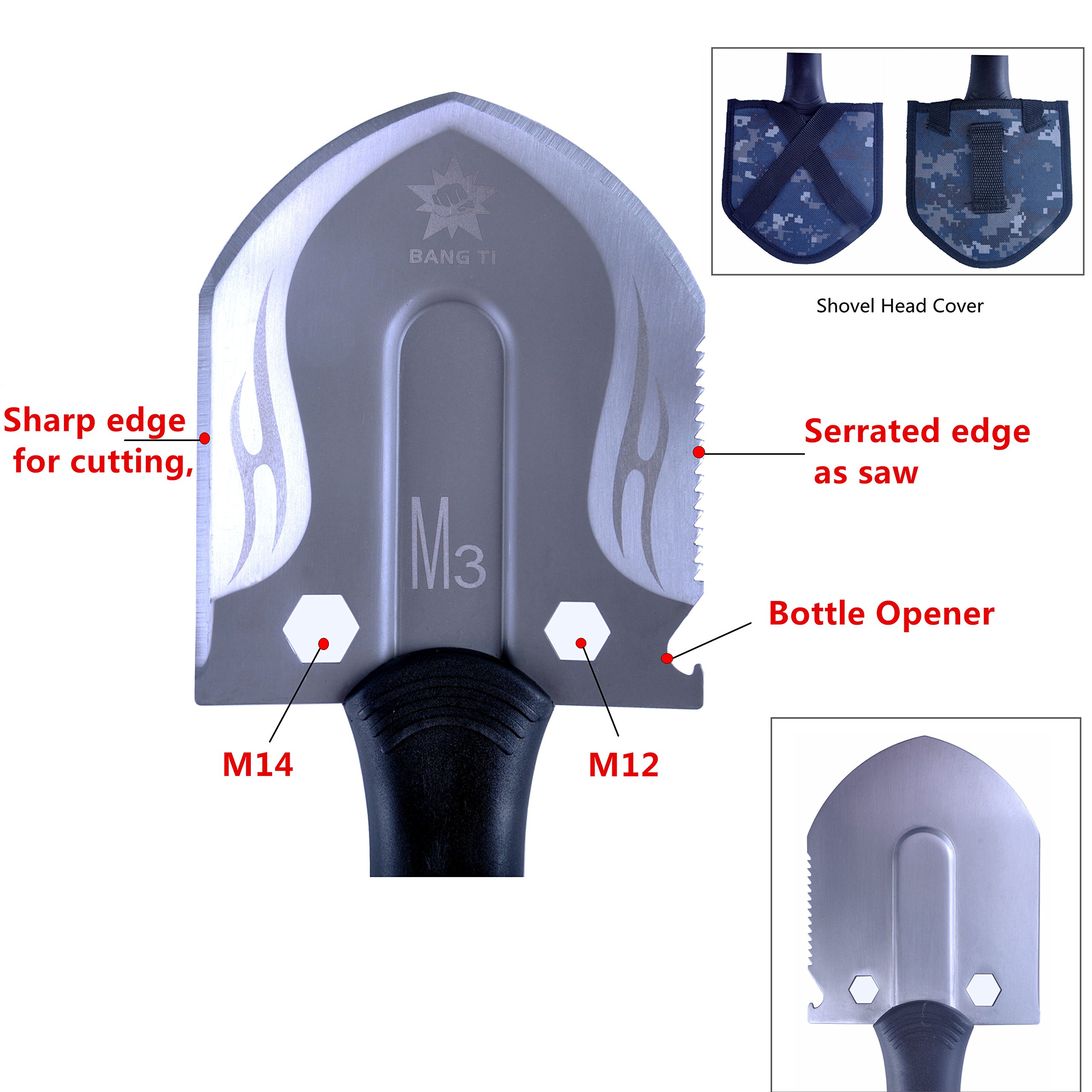 BANG TI 10 in 1 Utility Shovel Light Weight Outdoor Camping Tool w/Multi Knife Magnesium Rod and Head Cover (Yellow)