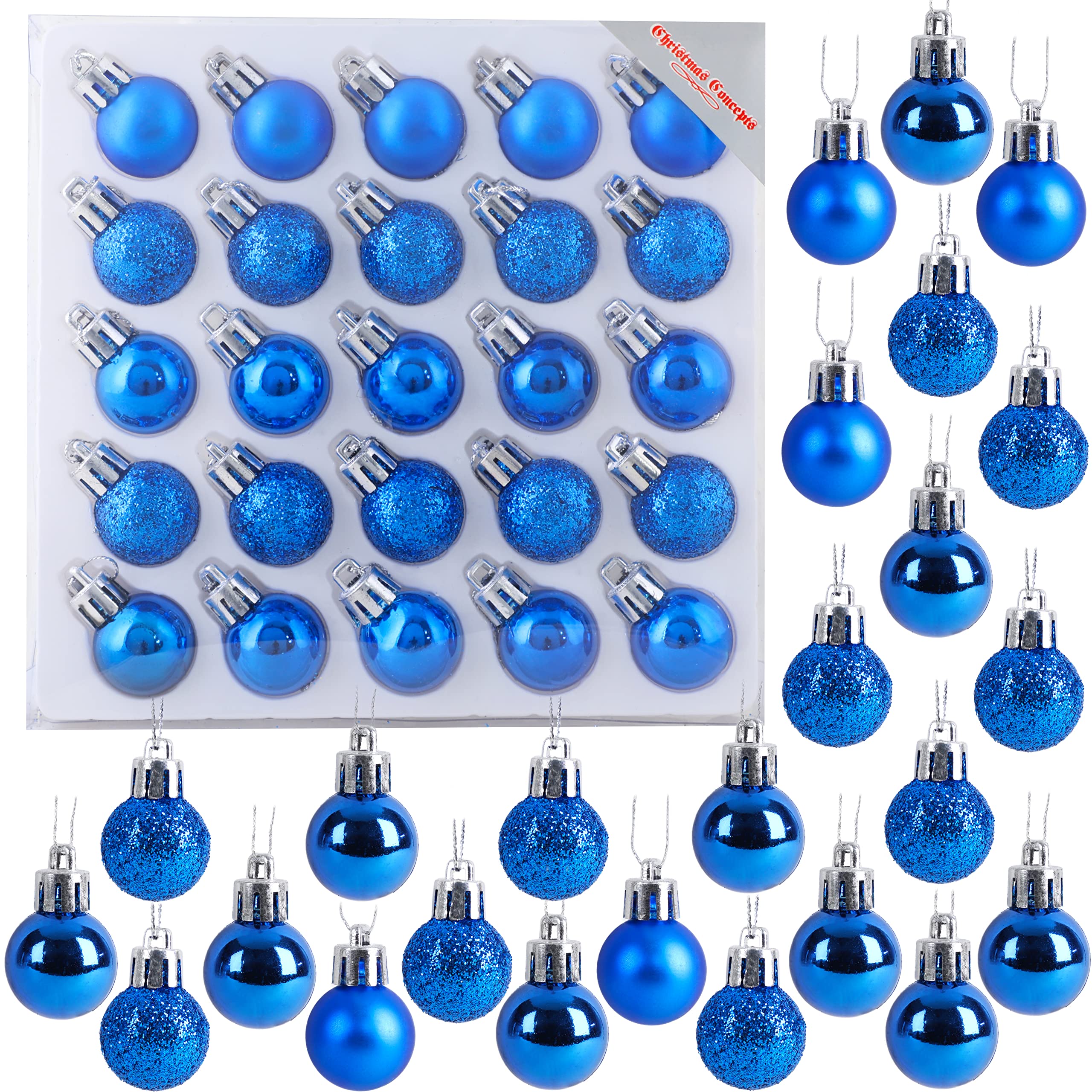 Christmas Concepts® Pack of 25-25mm (1") Mini Christmas Tree Baubles - Shiny, Matte & Glitter Decorated Baubles (Blue)