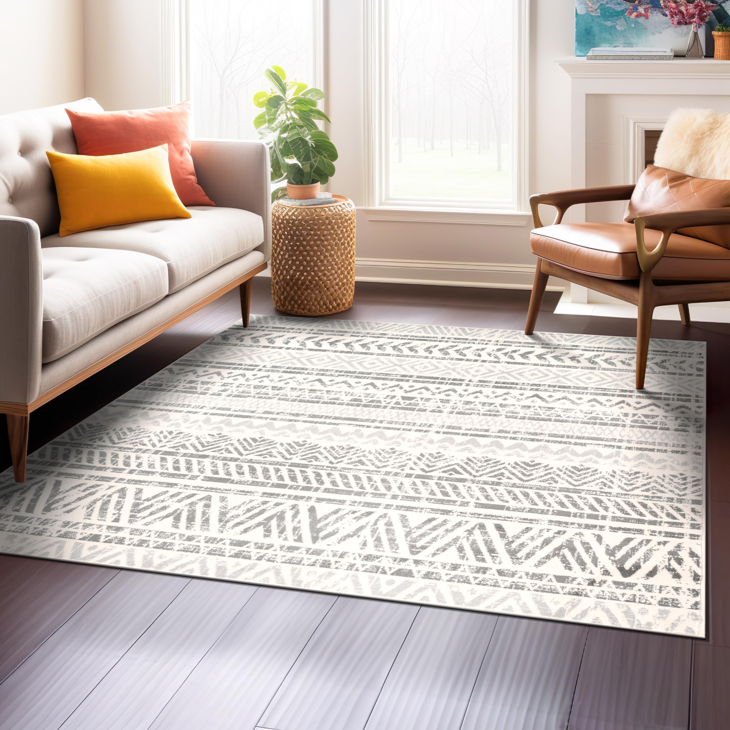 Rugshop Geometric Boho Square Rug – Gray Tribal Pattern, Perfect for Living Room, Bedroom, Dining Room, 6’6″ x 6’6″ Square