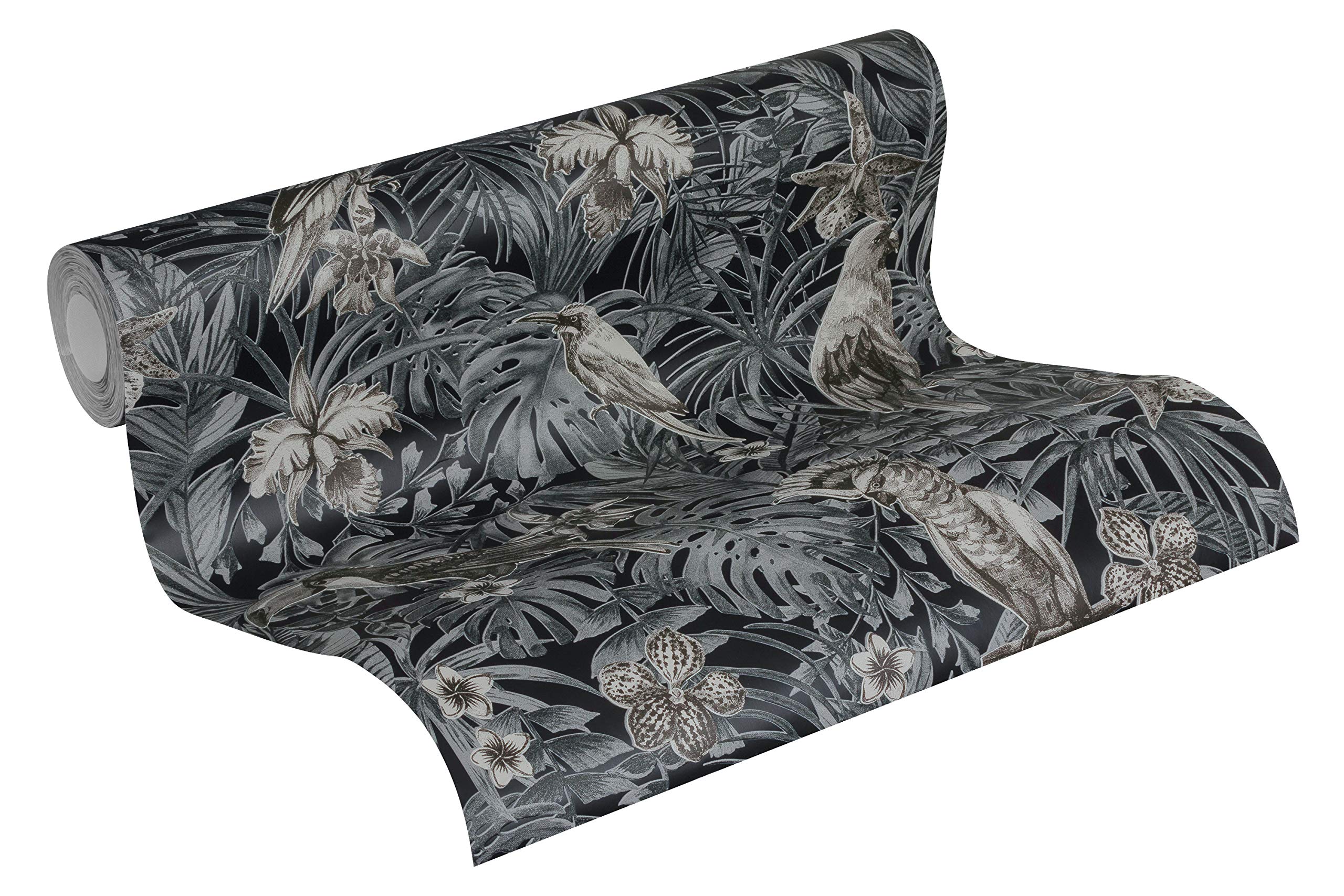 Jungle Wallpaper Greenery A.S. Création Non-Woven Wallpaper 10.05 m x 0.53 m Grey Black Creme Made in Germany 372104 37210-4