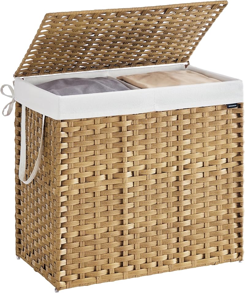 SONGMICS 160 L Laundry Basket with Lid Rattan Foldable White LCB216Y01