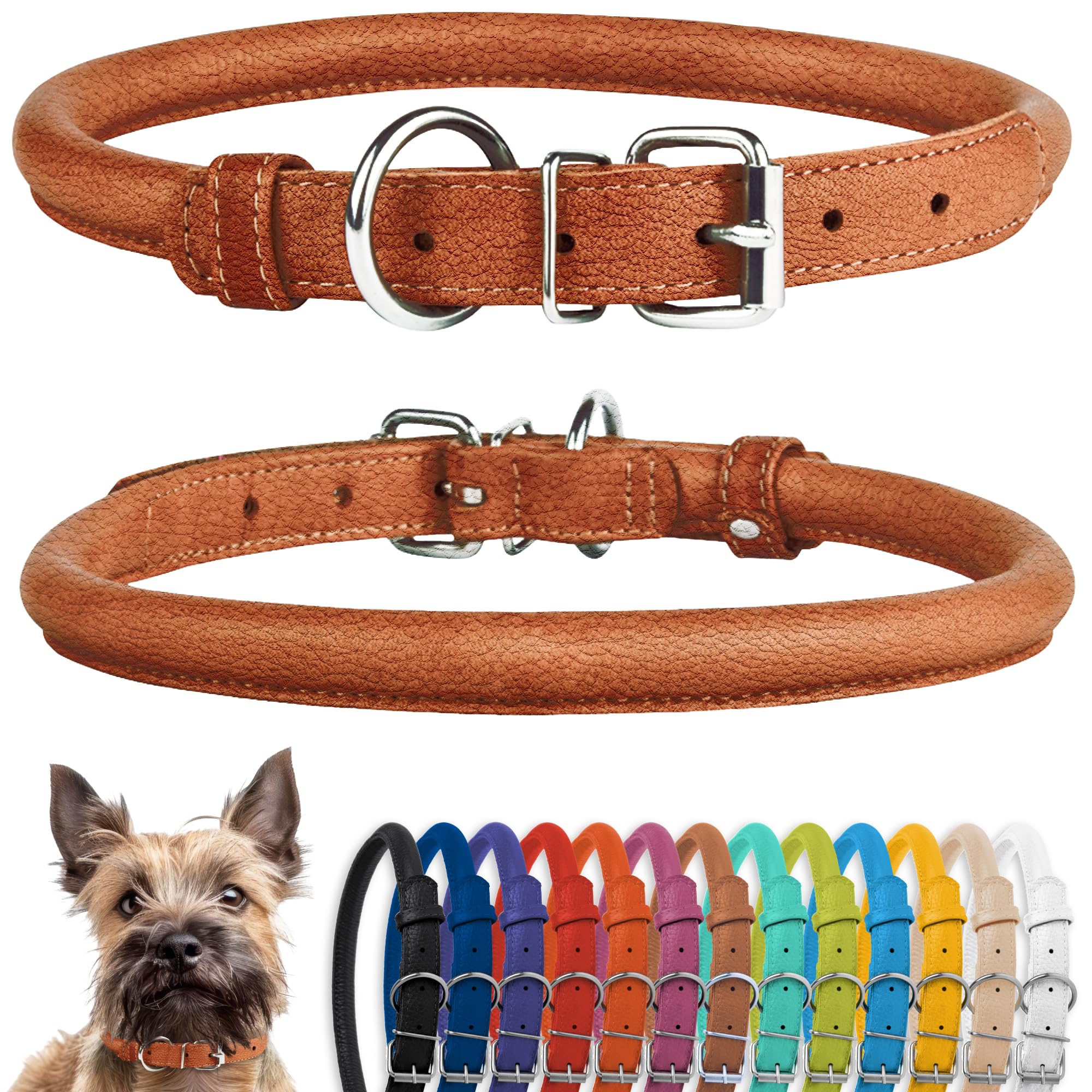 Photo 1 of CollarDirect Rolled Leather Dog Collar, Soft Padded Round Puppy Collar, Handmade Genuine Leather Collar Dog Small Large Cat Collars 13 Colors (8-11 Inch, Cinnamon Textured)