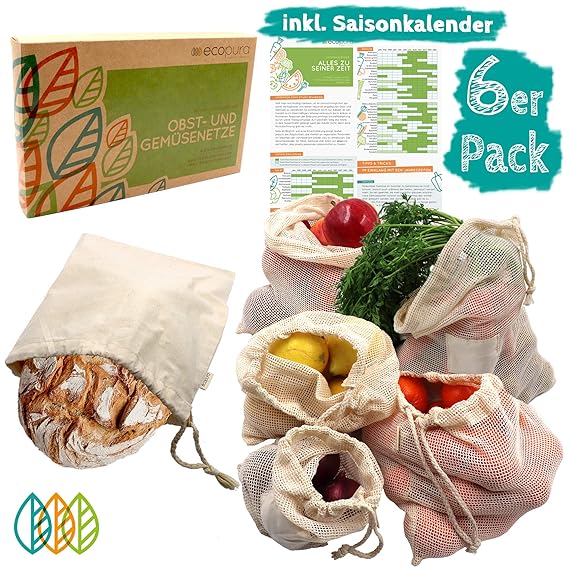 ecopura Wiederverwendbare Obst- und Gemüsebeutel aus 100% Baumwolle. Nachhaltige Einkaufstaschen im 6er Set (2L+2M+1S+1 Brotb