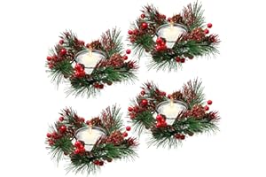Dingion 8 Pieces Christmas Candle Candle Rings Set, 4 Christmas Votive Taper Holders Berry Ring with Pinecones and 4 Votive Taper Holders for Wedding Decor