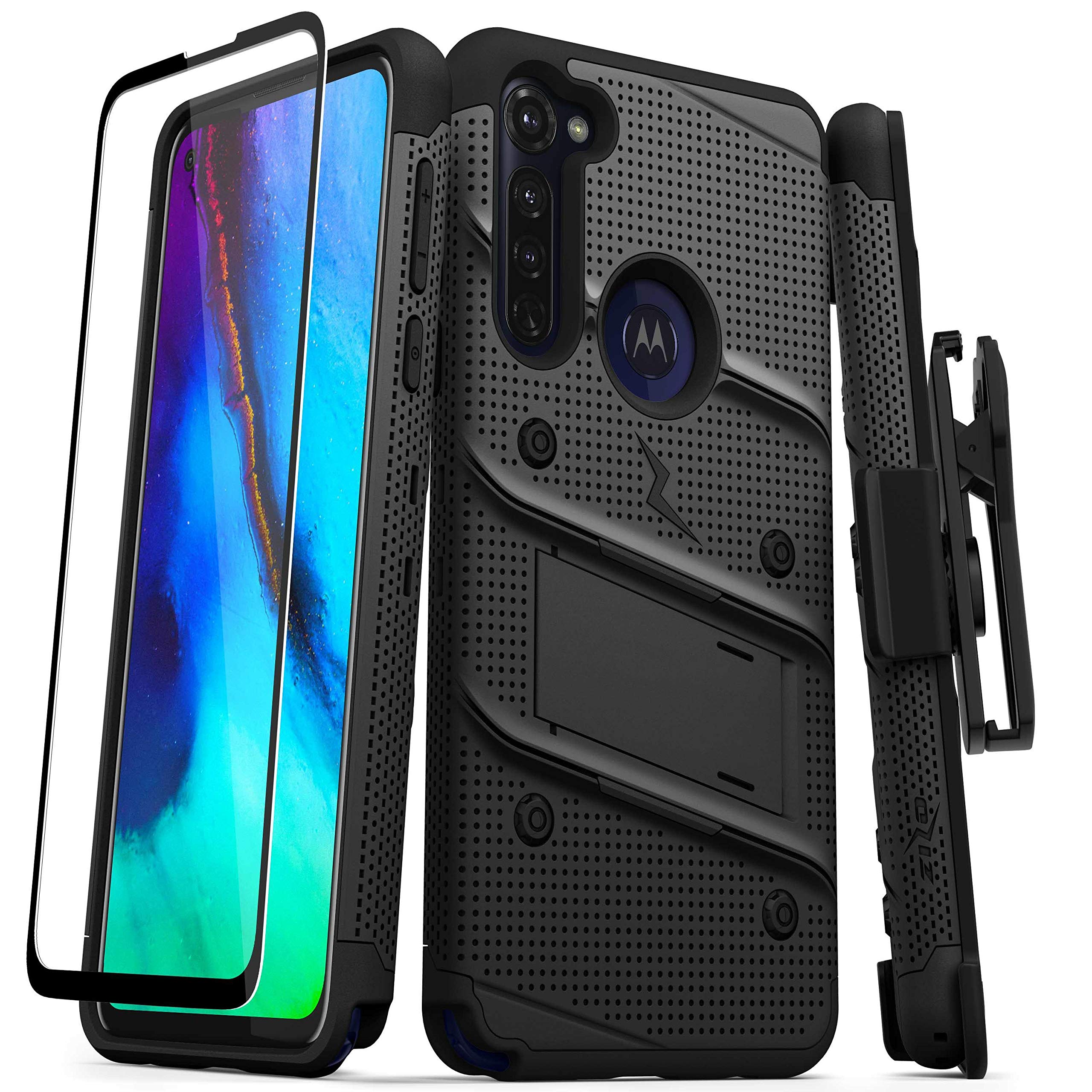 ZIZO Bolt Series for Moto G Stylus (2020) Case with Screen Protector Kickstand Holster Lanyard - Black &amp; Black