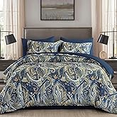 DJY Paisley Comforter Set Queen Size Navy Gold Boho Bed in a Bag 7 Piece, Soft Microfiber Vintage Paisley Floral Pattern Complete Bedding Set for All Season (90''x90)
