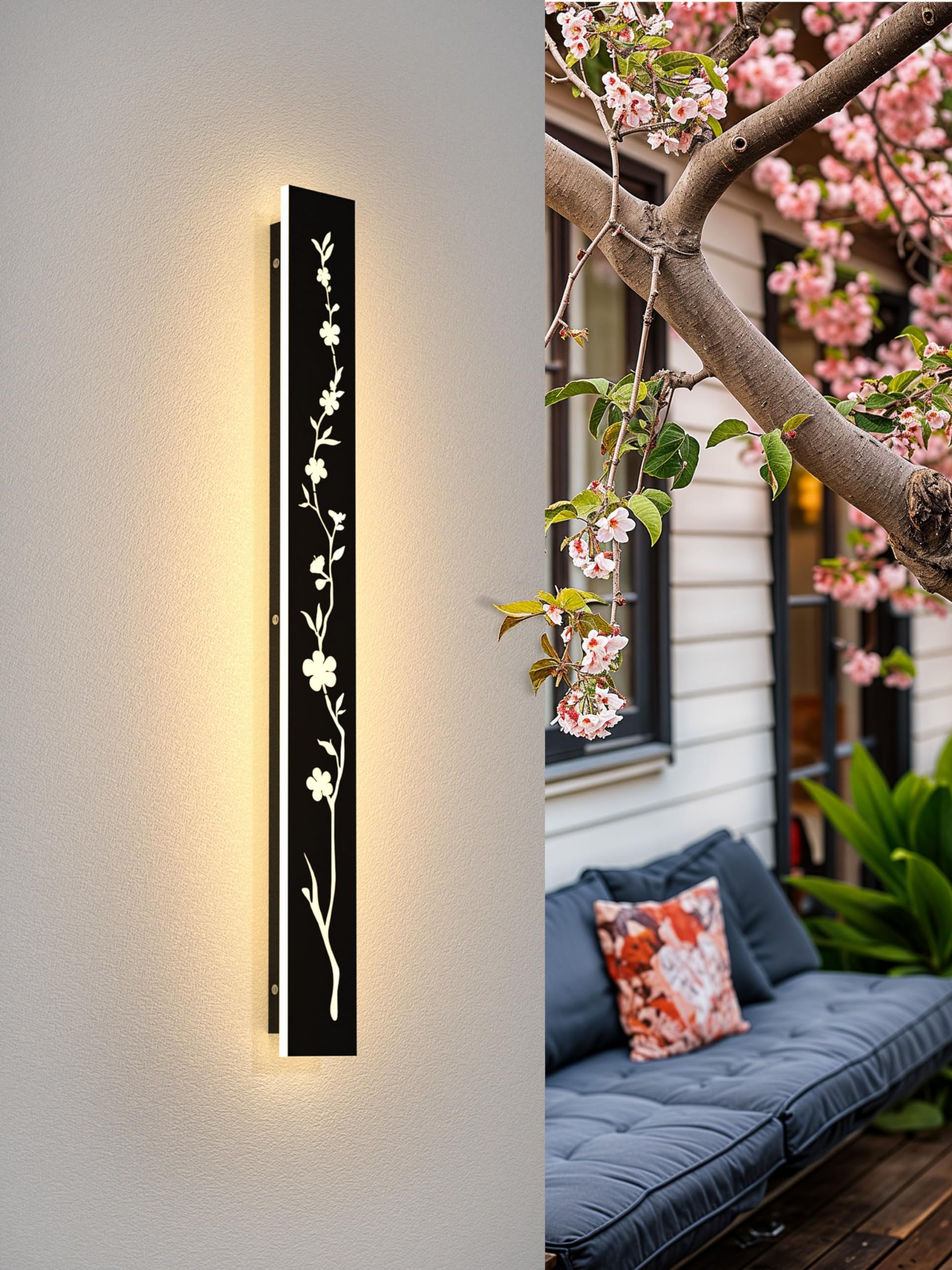 Led Long Wall Light Black 80cm Outdoor Wall Light 25W IP67 Waterproof Villa Wall Lamp 3000K Peach Blossom Design Long Wall Lights Outdoor Walls Gardens Porch Stairs Terraces Lighting