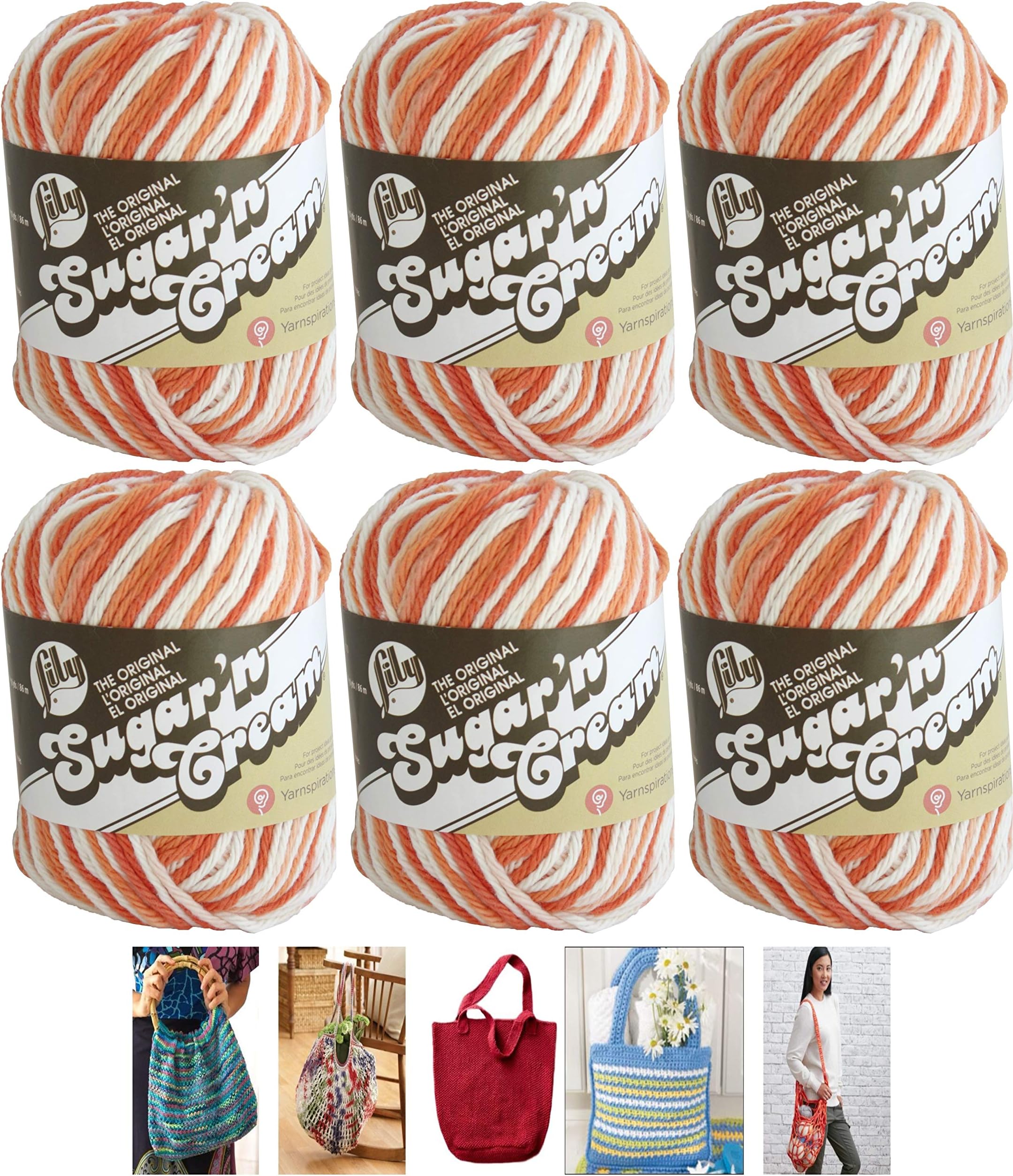 Bulk Buy: Lily Sugar'n Cream Yarn 100% Cotton Solids and Ombres (6-Pack) Medium #4 Worsted Plus 5 Lily Patterns (Poppy Ombre 02528)
