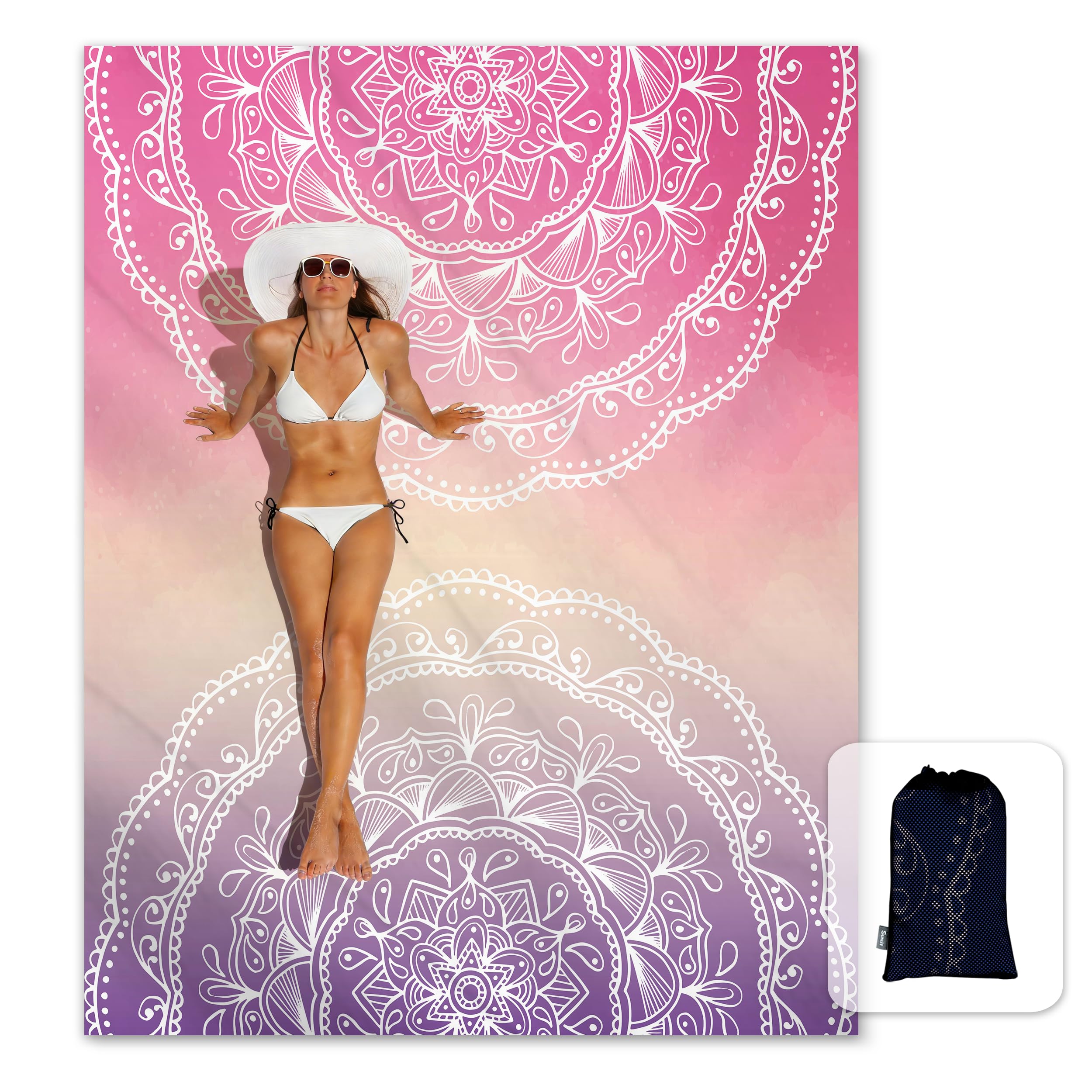 Sunlit Silky Soft 106"x81" Boho Sand Proof Beach Blanket Sand Proof Mat with Corner Pockets and Mesh Bag for Beach Party, Travel, Camping and Outdoor Music Festival, Purple and Red Mandala