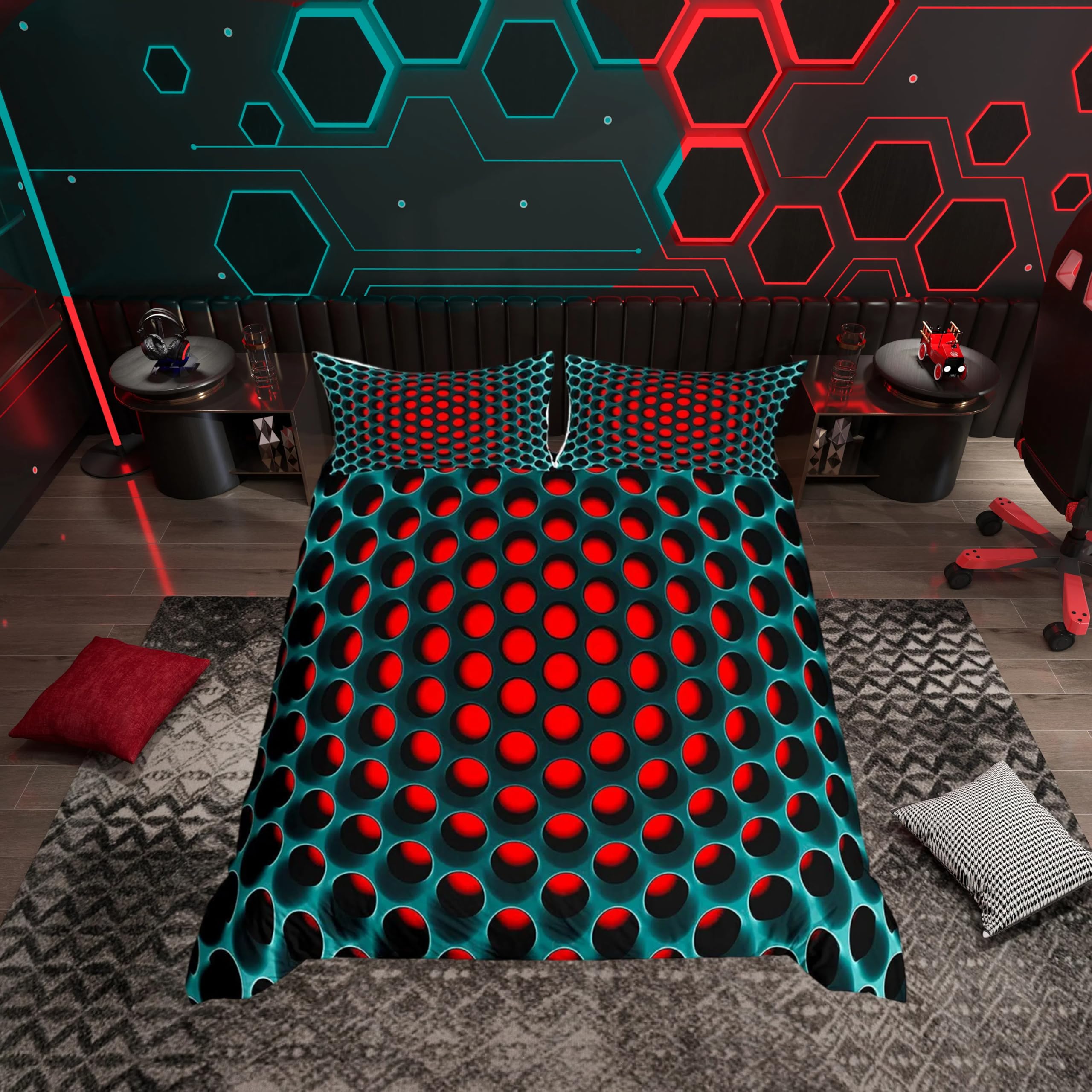 Homemissing 3D Honeycomb Boys Bedding Set Geometric Men Duvet Cover for Kids Teens 3-D Honeycomb Bedding & Linen Lifelike Stereoscopic Dense Hole Teal Blue Red Bedding & Linen 3 Pcs King, Multicolor — image 1
