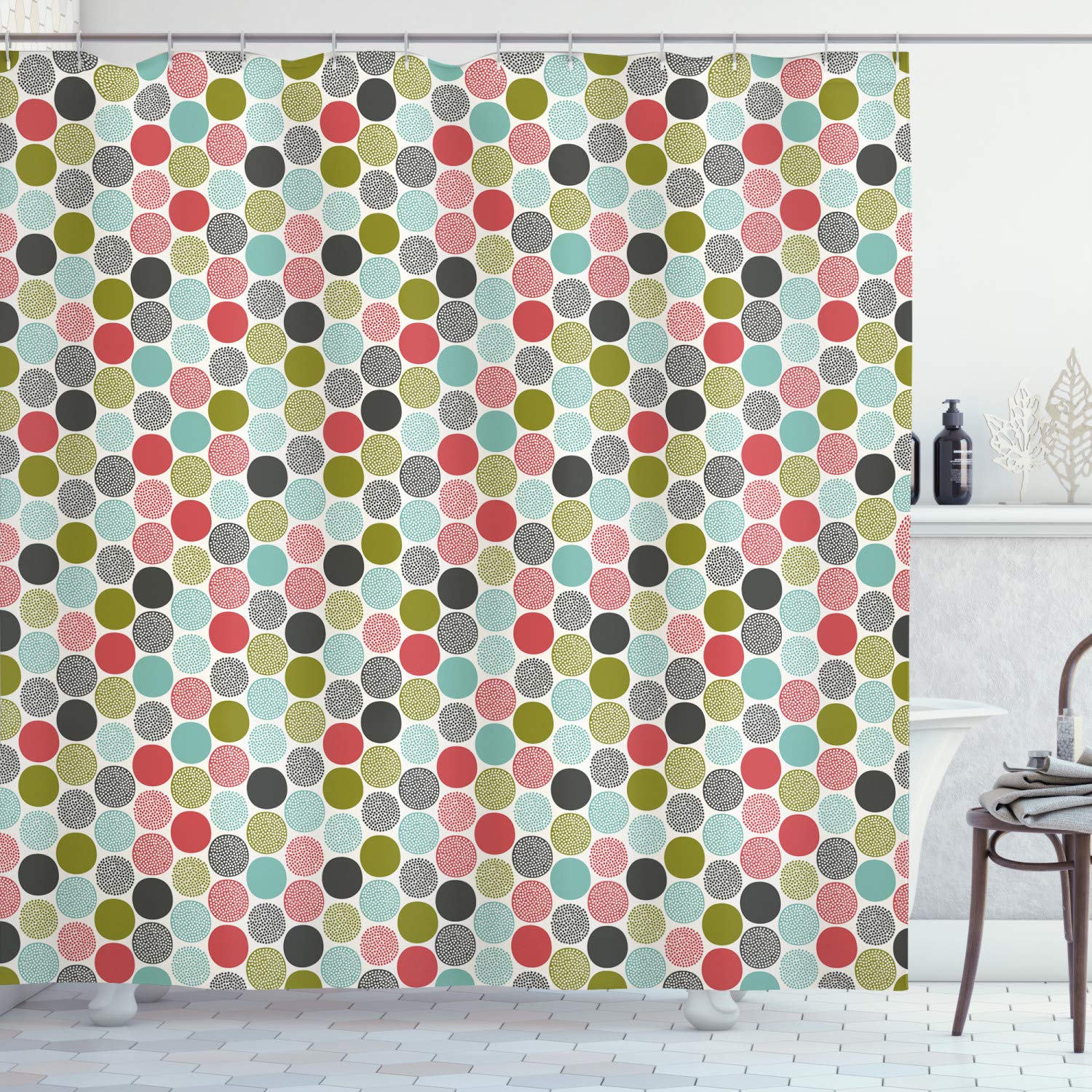ABAKUHAUS Colorful Shower Curtain, Abstract Circles and Dots Doodle Style Retro Fashion Fun Childish Cheerful, Cloth Fabric Bathroom Decor Set with Hooks, 86 Inches Extra Long, Multicolor
