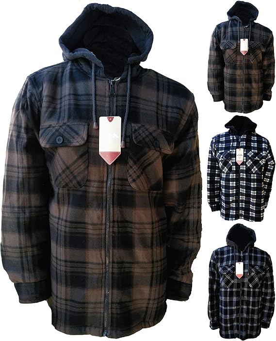 Mens Heavyweight Hooded Plaid Flannel Jacket with Sherpa Lining (Navy/White, XL) at Amazon Menâs 