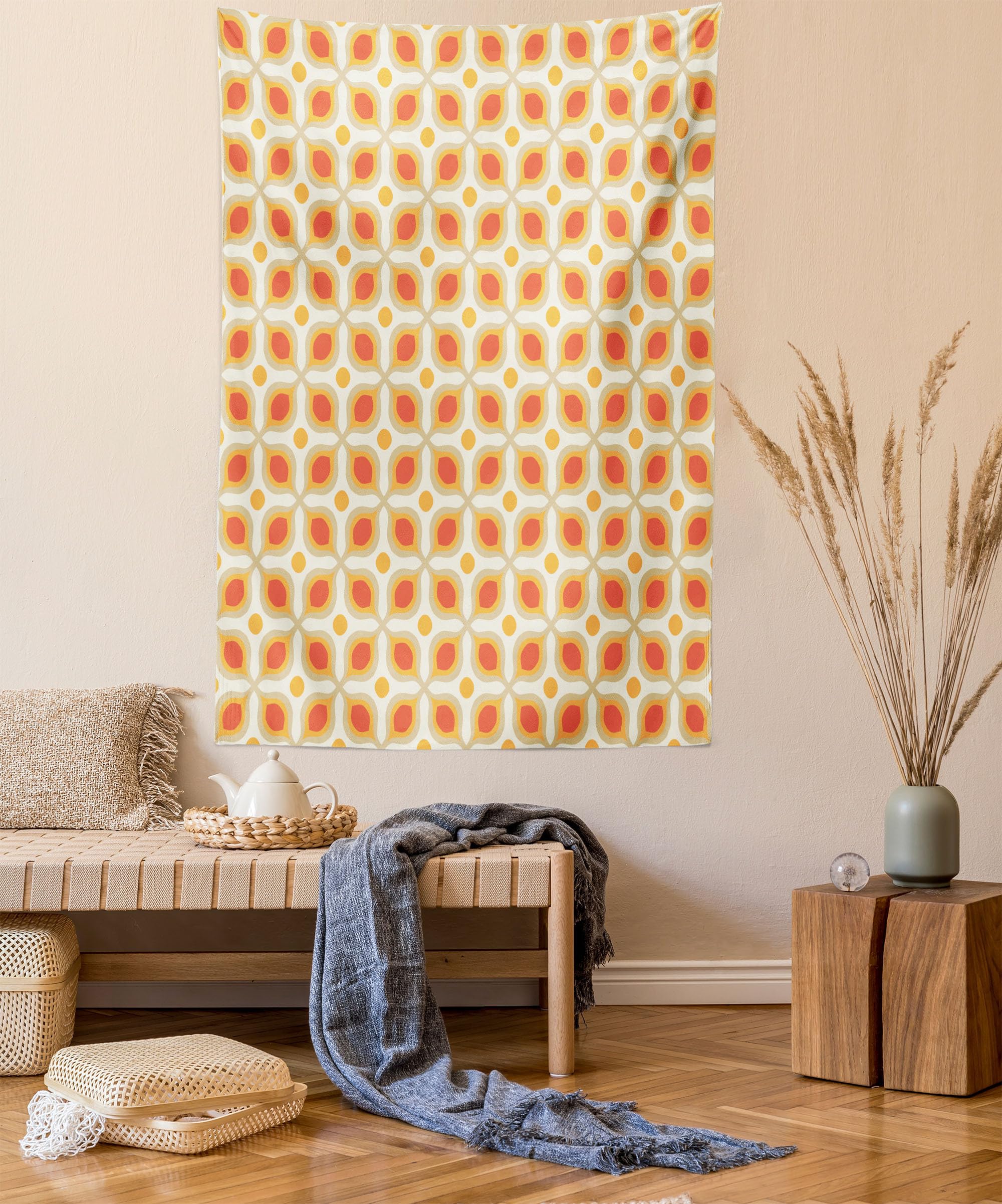 ABAKUHAUS Geometric Tapestry, Linked Bold Geometric Shapes 70s Vintage Minimalist Pattern Bohemian Design, Fabric Wall Hanging Decor for Bedroom Living Room Dorm, 43 W X 58 L, Orange Cream