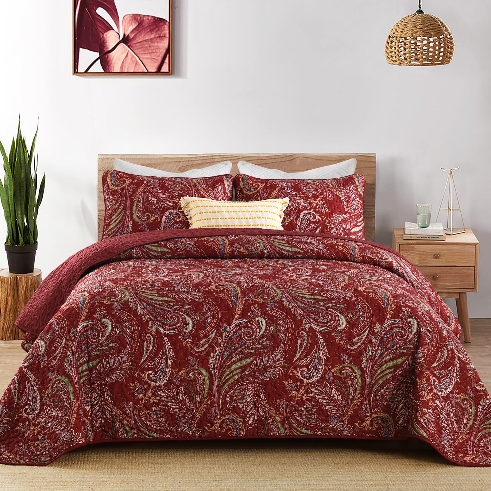 Photo 1 of WONGS BEDDING Boho Quilt Set King,3 Pieces Red Paisley Pattern Bedspread Coverlet Set,Lightweight Microfiber Bohemian Bedding Set for All Season 104"×90"