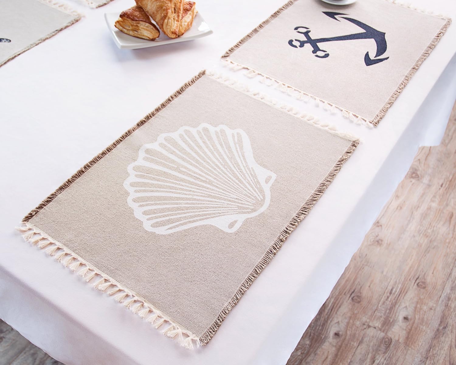 Living Fashions Table Placemats Set of 4 - Beach Themed Nautical Kitchen Placemats for Dining Table - 100% Washable Cotton Place Mat- Seashell, Sand Dollar, Starfish & Anchor Designs with Fringes: Home & Kitchen