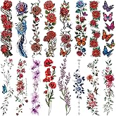 Casciybo 3D Flower Temporary Tattoos for Women -24 Sheets Colourful Flower Roses Realistic Butterfly Tattoo Stickers Watercolor Waterproof Tattoo for Arm Collarbone Leg Backbone Body Art