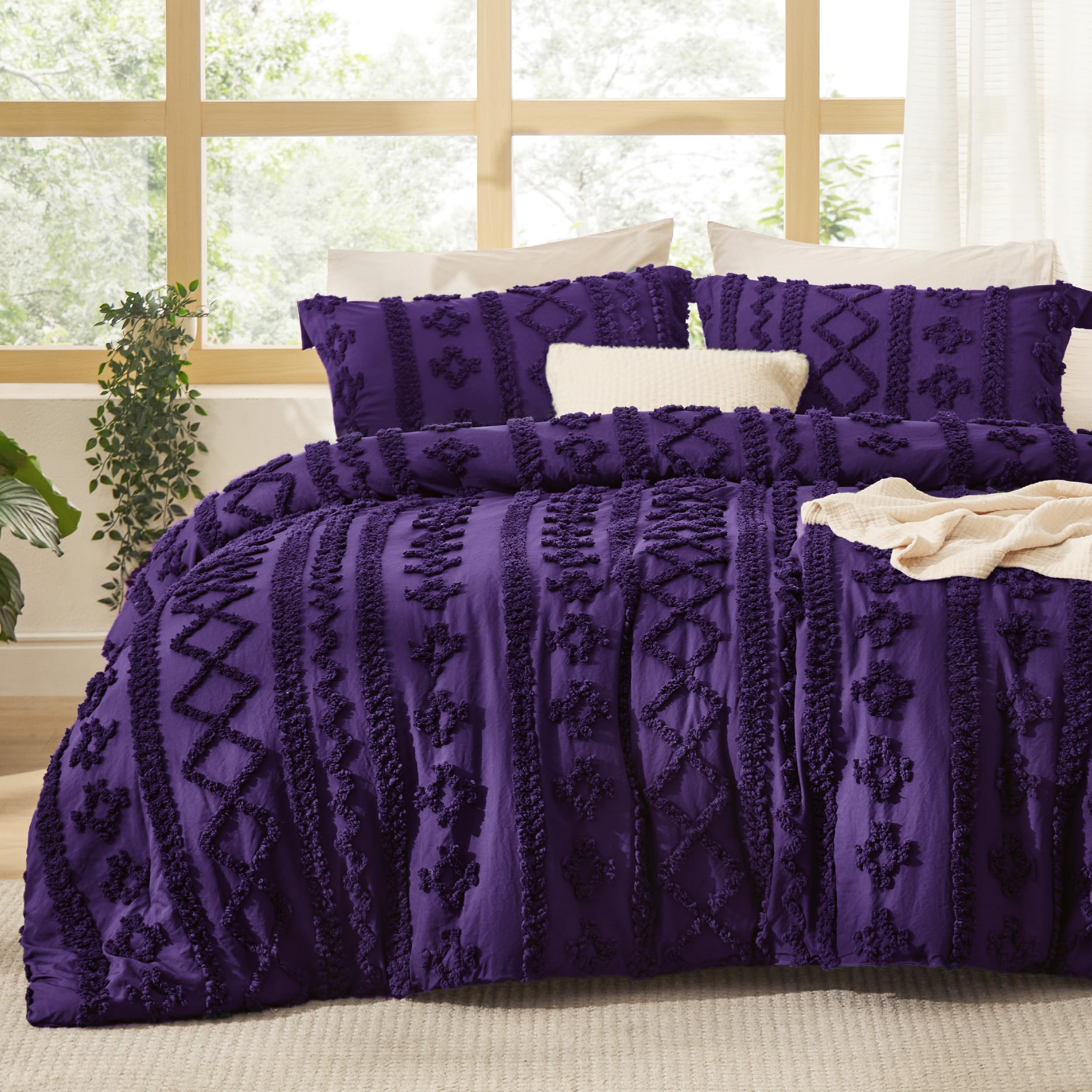 Photo 1 of Bedsure Tufted Boho Comforter Set California King - Purple Boho Bed Set, GentleSoft™ 3 Pieces Farmhouse Shabby Chic Embroidery Bedding, Gifts for Woman, Soft Jacquard Comforter for All Seasons