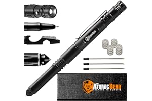 THE ATOMIC BEAR Tactical Pen – Self Defense Pen & Multi-tool Pen - Flashlight Survival Pen for Men & Women - Tactical Gear & Gift - Military EDC Pen + Glass Breaker + Bottle Opener – 3 Ink Refills + 12 Batteries
