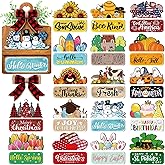 GlikCeil 37 Pcs Interchangeable Seasonal Decor Farmhouse Breadboard Interchangeable Seasonal Tier Tray Decor Holiday Halloween Thanksgiving Christmas Wooden Decoration with Bow for Table Kitchen
