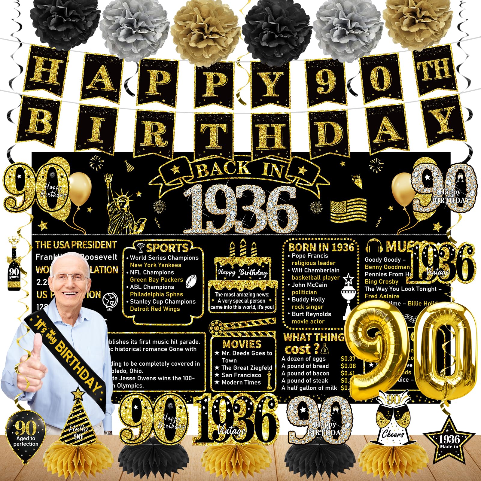 Zirtorei 90th Birthday Decorations for Men Women, 21pcs the Year 1936 Banner Balloon Party Supplies, Black Gold 90 Year Old Birthday Backdrop, 90 Bday Honeycomb Centerpiece Hanging Swirls Sash Gifts
