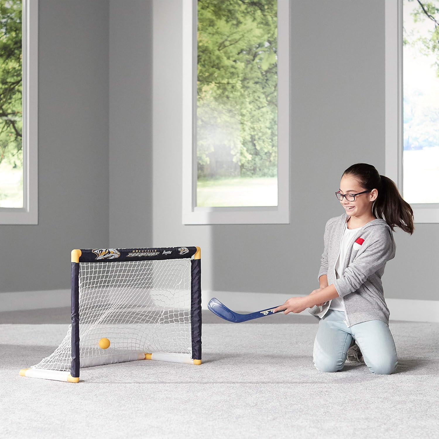 Franklin Sports Nashville Predators Mini Hockey Set - Knee Hockey Goal, Ball, & 2 Hockey Stick Combo Set - Mini Goal Net - NHL Official Hockey Set : Sports & Outdoors