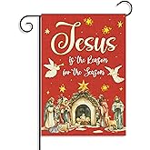 Dvbonike Jesus Is The Reason For The Season Red Garden Flag - Christmas Nativity Linen Flag Religion Vertical Double Sided Burlap Banner Outdoor Decor Winter Farmhouse Lawn Yard Porch 18.1 x 12.6"