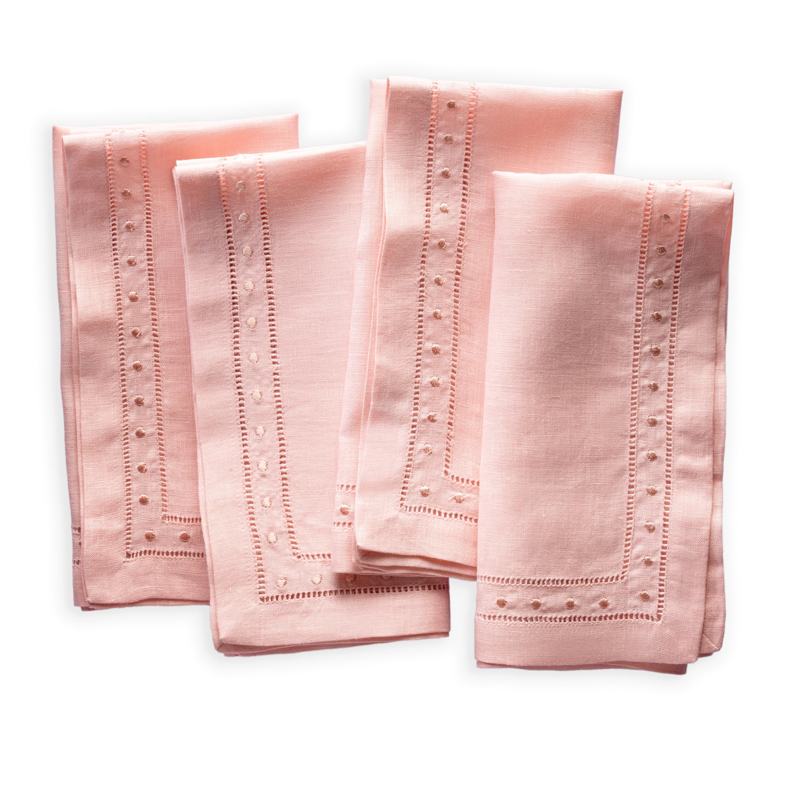 Linen Napkins Cloth - Pink 45 x 45 cm, Set of 4 Linen Hemstitched Dinner Napkins with Embroidered Swiss Dot - Machine Washable, French Flax Natural Fabric for Easter, Spring, Summer