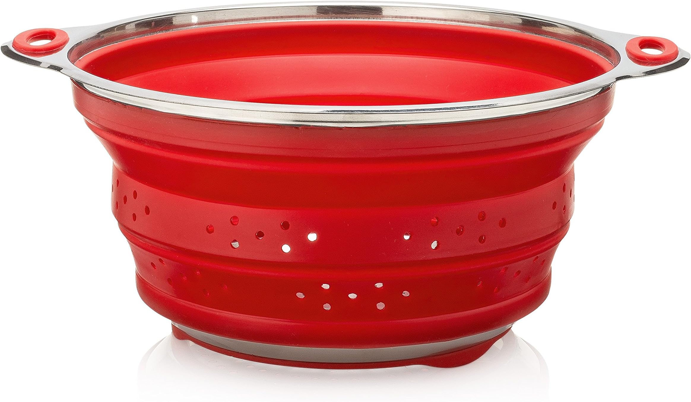 Oberhaus Premium Collapsible Silicone Colander/Strainer with Stainless Steel Base (Available Colors: Red, Blue and Green) (Red)