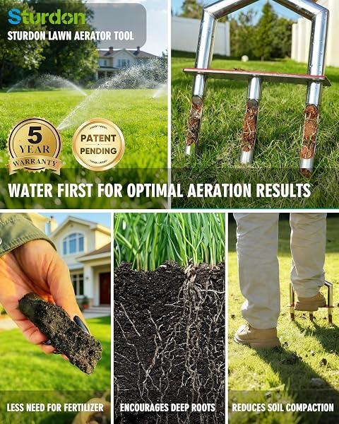 MANUAL LAWN AERATOR – 42 INCH, 304 STAINLESS STEEL AERATOR LAWN TOOL, EASY TO INSTALL, RUST RESISTANT, CORE AERATOR FOR YARD&GRASS COMPACTED SOIL, 3 DETACHABLE HOLLOW TINES, NON SLIP FOOT PAD