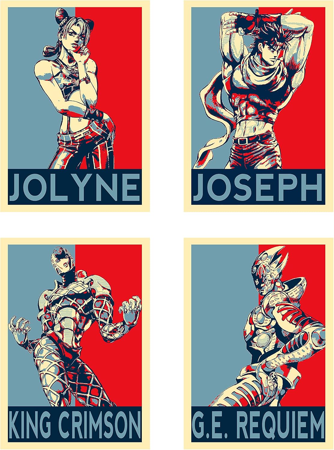 Amazon Com Wall Art Jojo S Bizarre Adventure Anime Characters Jolyne Kujo Joseph Joestar Battle Tendency King Crimson G E Requiem Poster Prints Set Of 4 Size A4 21cm X 29cm Unframed Great Gift Posters