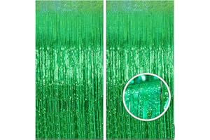 Melsan Foil Curtain Backdrop, 2 Pack 3.2 ft x 8.2 ft Tinsel Foil Fringe Curtains, Sparkle Metallic Foil Fringe Curtains for St Patricks Day Decorations Photo Booth Props Decoration, Green