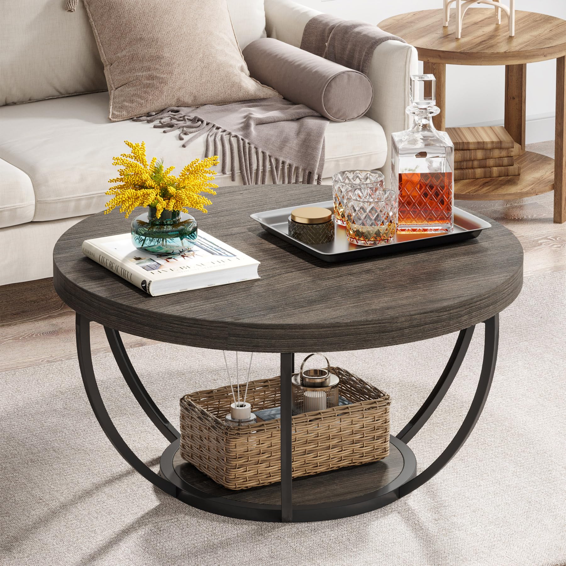 Tribesigns Round Coffee Table, 31.7" Wooden 2-Tier Circle Coffee Table with Storage Shelves, Modern Accent Cocktail Table Center Table for Living Room, Grey Image