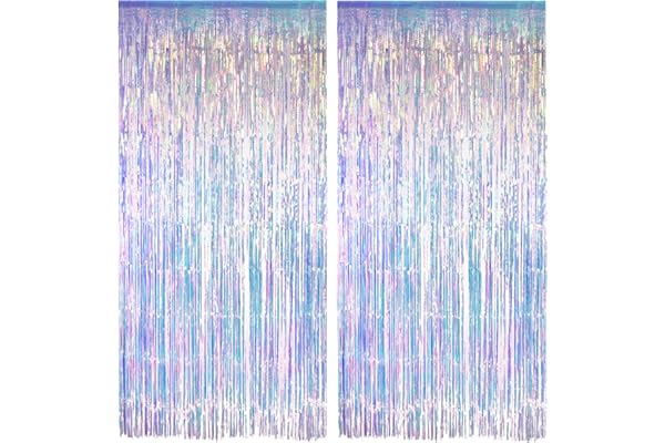 Iridescent Party Streamers Backdrop - GREATRIL Neon Transparent Holographic Tinsel Foil Fringe Curtain for Mermaid/Frozen/Sea/Euphoria/ERAS Party Theme Decorations 3.2ft x 6.5ft 2 PCS