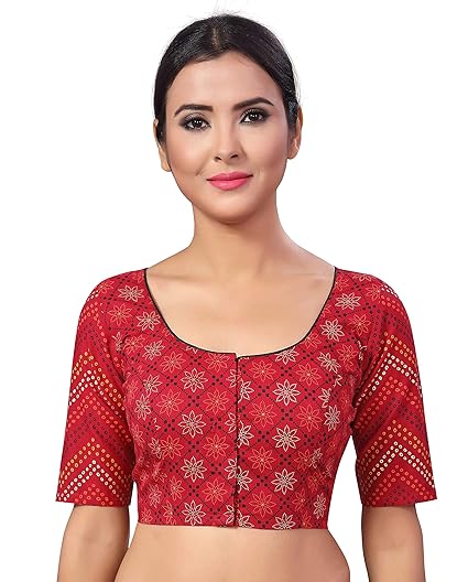 Women's Red Bandhani Printed Pure Cotton Saree Blouse With A Back.