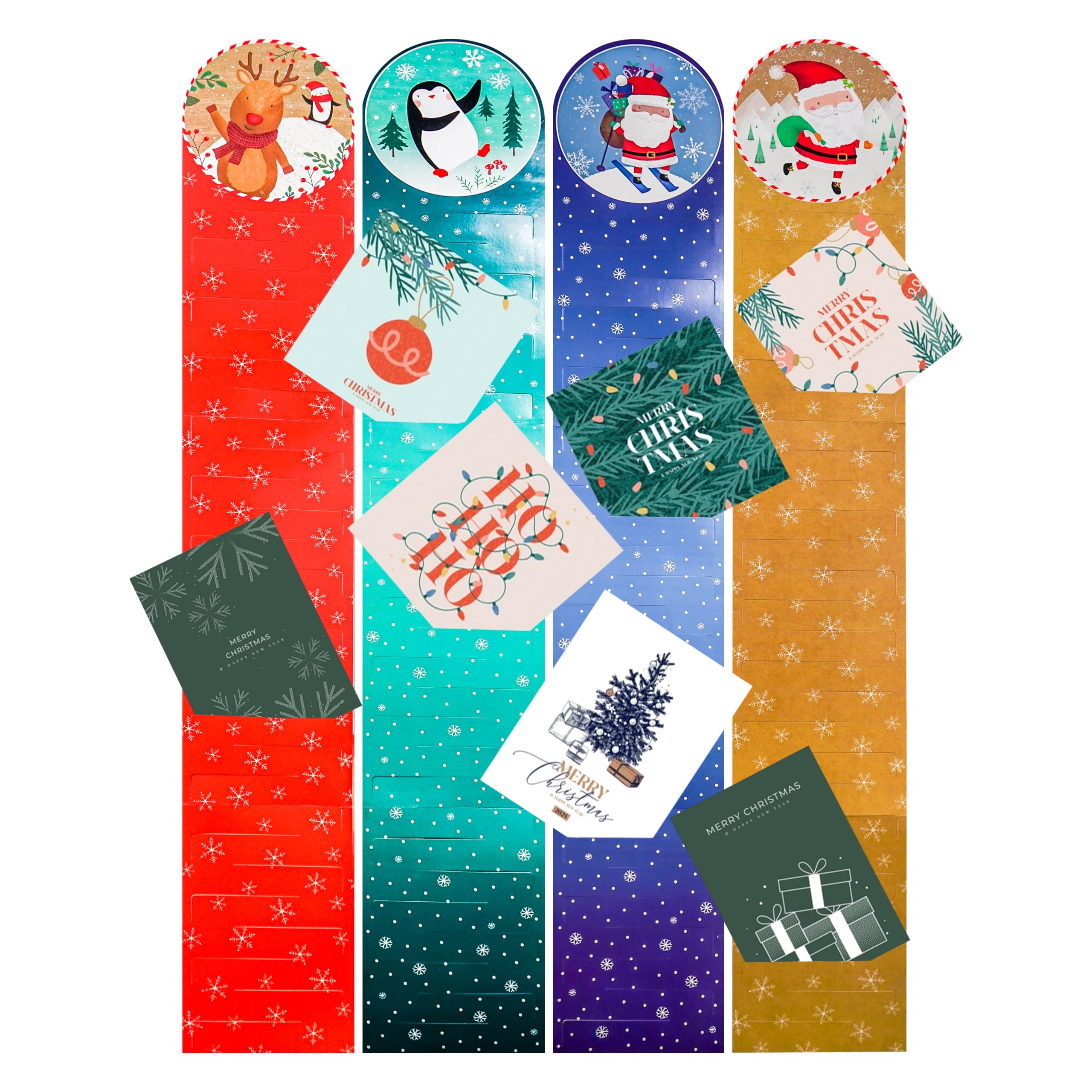 Karrma Ltd. Christmas Card Holder for Wall Cute Pack of 4 – Wall Hanging Holiday Card Display with Santa, Penguin, Reindeer & More – Modern Festive Greeting Card Organizer, Each Holds 28 Cards