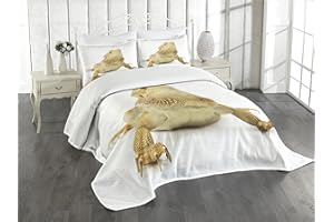 Lunarable Bearded Dragon Bedspread, Camouflaging Lizard Wild Tropical Animal Reptilian Photo Print, Decorative Quilted 3 Piece Coverlet Set with 2 Pillow Shams, King Size, White Pale Khaki