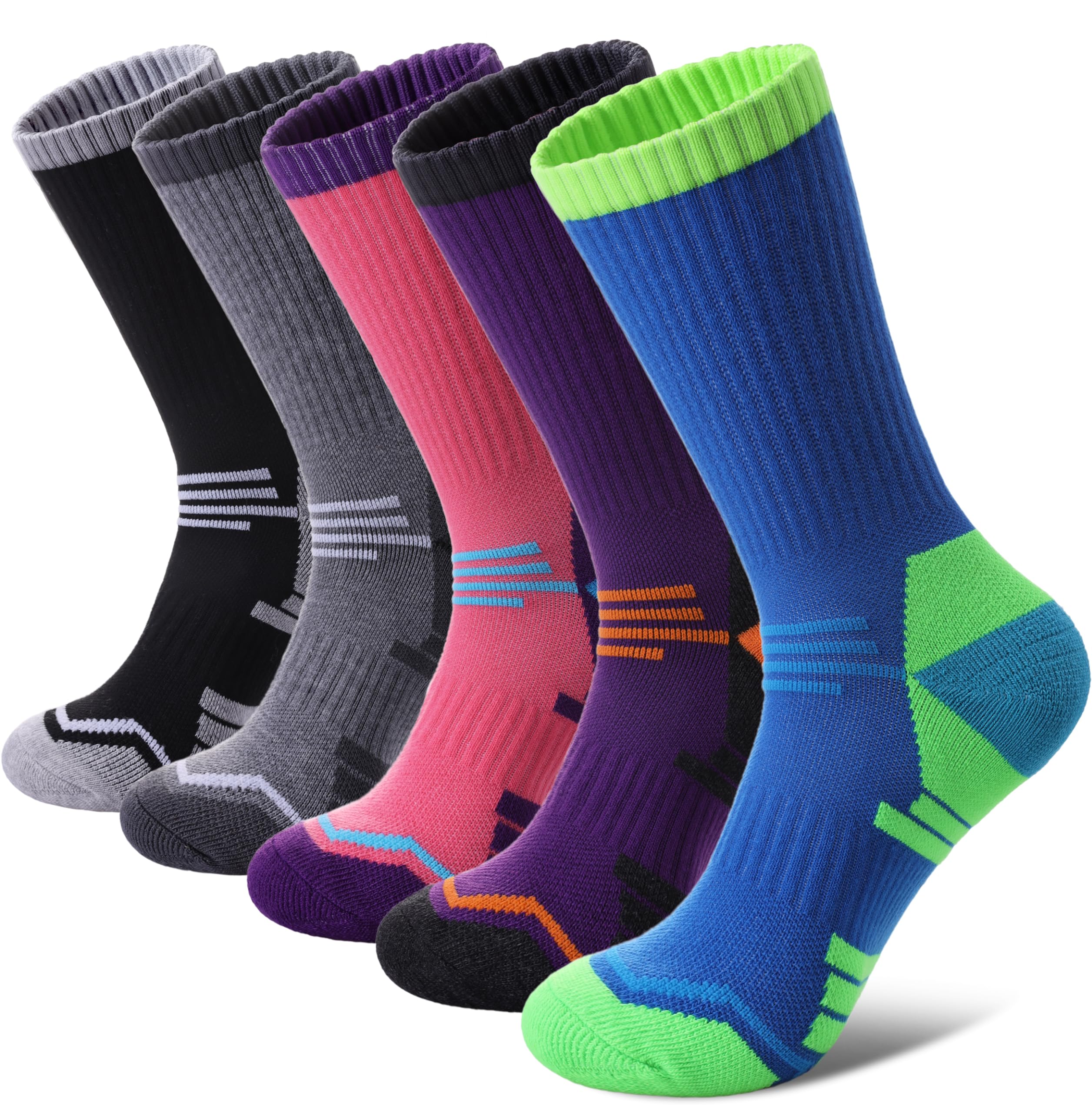 Photo 1 of FNOVCO Women's Hiking Walking Running Crew Socks Thick Cushioned Athletic Compression Socks 5 Pairs (Multicolor 01, 9-11)