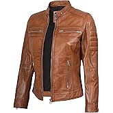fjackets Real Leather Jacket Women - Cafe Racer Style Women's Leather Jackets Lambskin Stand Collar Leather Jacket For Womens