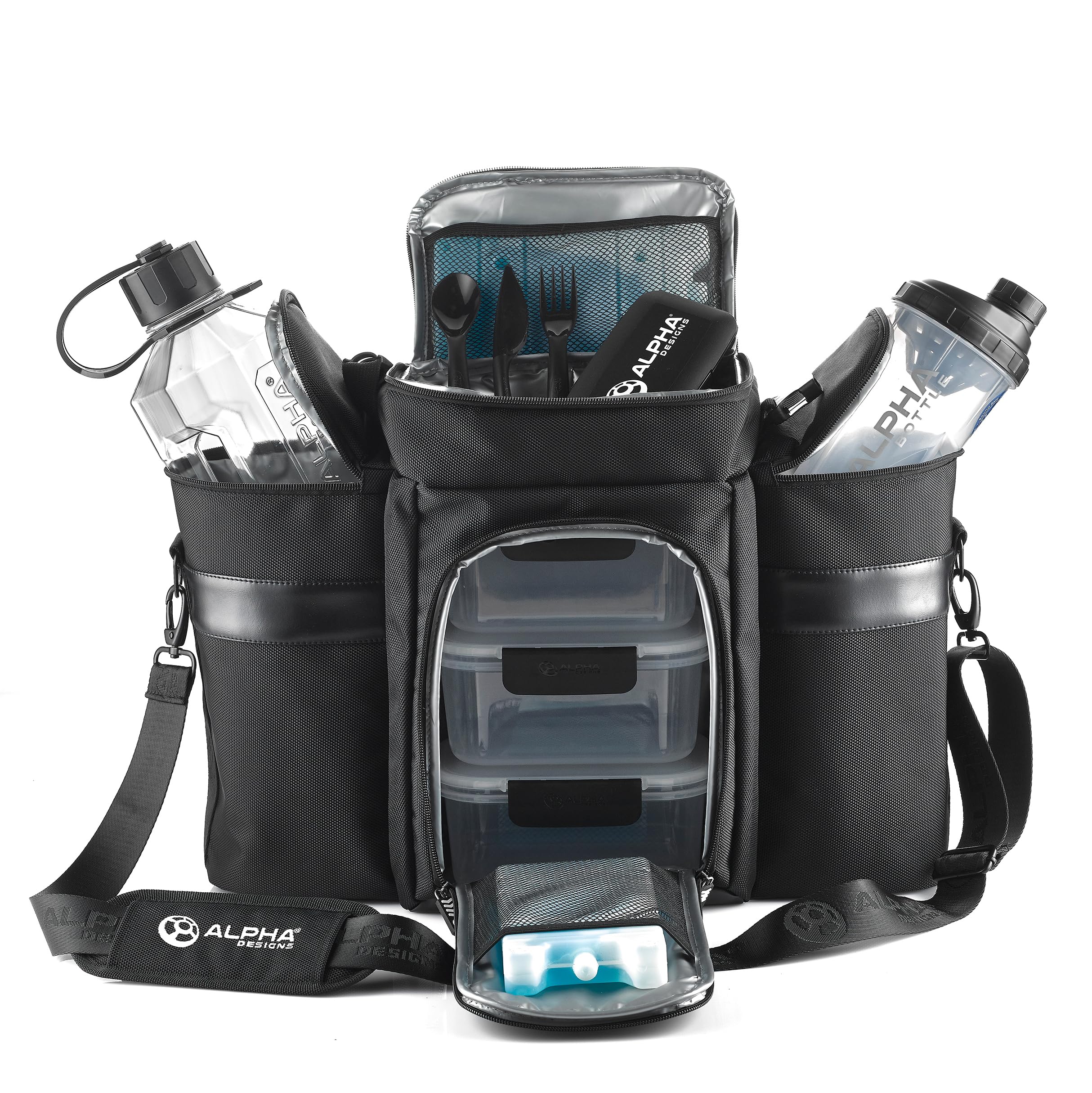 Alpha Designs | Meal Prep Cool Bag | Insulated Gym Lunch Bag | Food Storage Containers with Lids, Water Bottle, Protein Shaker & More | 8-Piece Set | Black/Clear