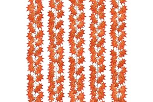 CQURE 5 Pack Fall Leaf Garland, Hanging Vines Garland Artificial Fall Maple Leaves Thanksgiving Decor for Home Wedding Fireplace Party(Deep Orange)