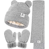 Baby Beanie Mittens Scarf Set,Toddler Infant Kids Winter Hat with Bear Ear Thermal Gloves Neck Warmer Set for Girls Boys