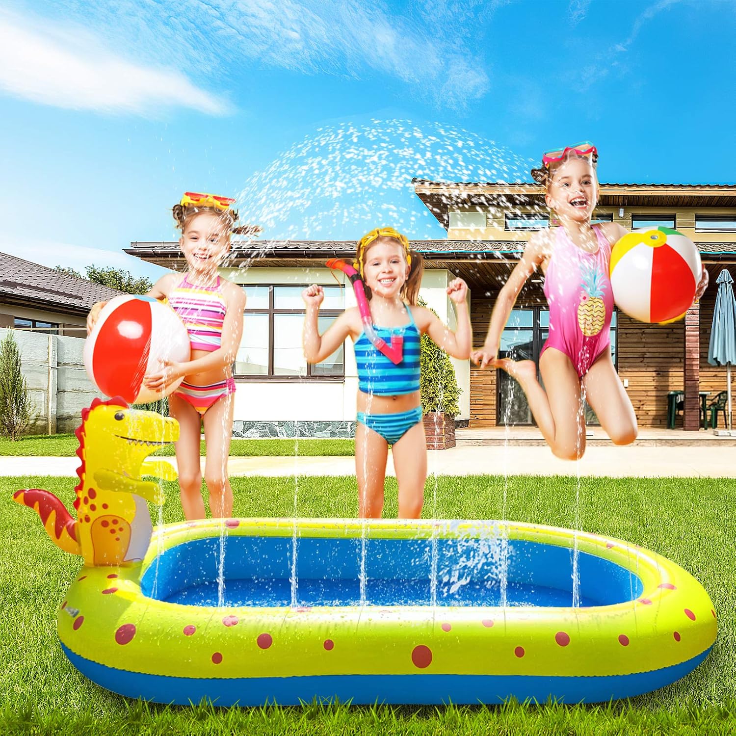 Inflatable Sprinkler Kiddie Pool,Toddler Pools Water Sprinkler Pool,Backyard Splash Pad Water Play Toys Blowup Kids Pool,Cute Dinosaur Pools,67”×40.5“×7.8”: Car Electronics