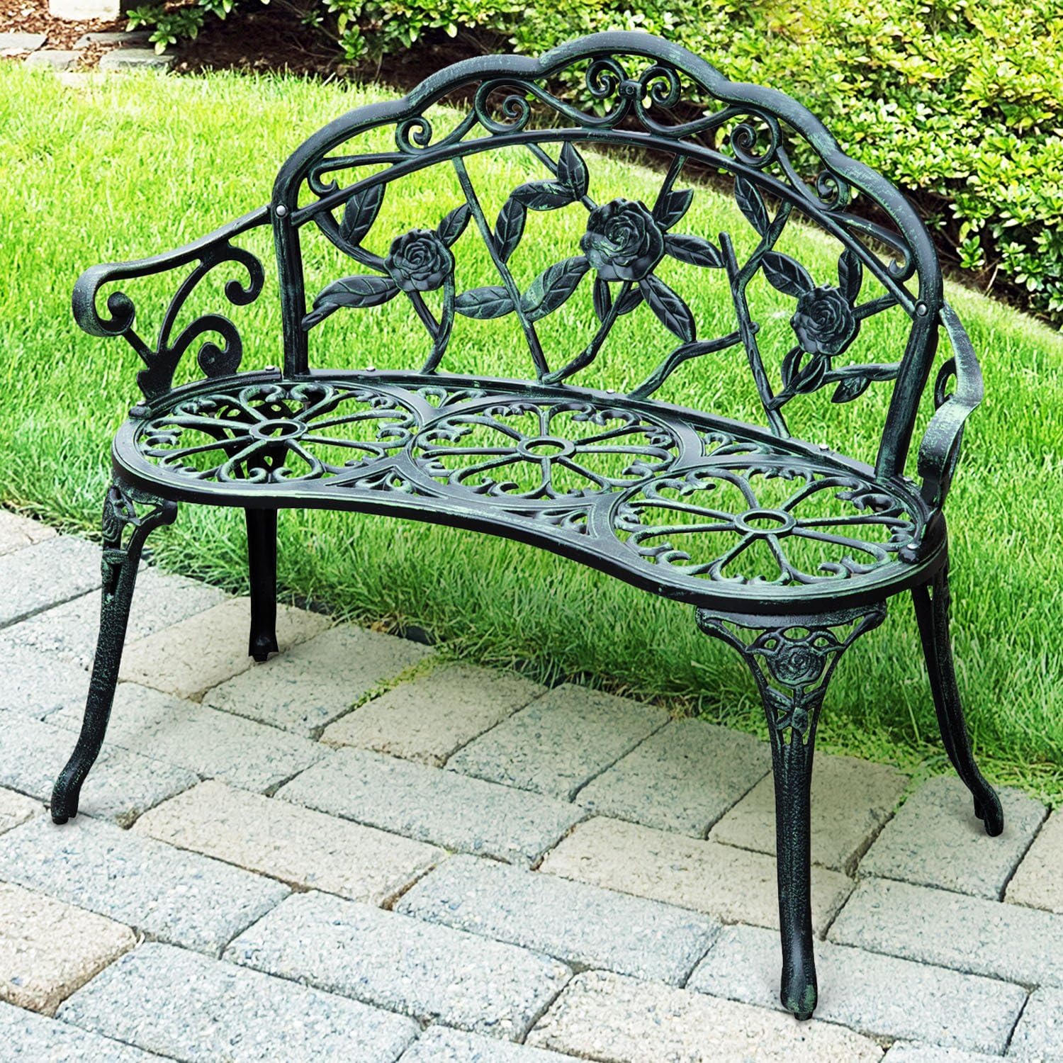 Outsunny 40" Cast Aluminum Antique Rose Style Outdoor Patio Garden Park Bench - Antique Green : Garden & Outdoor