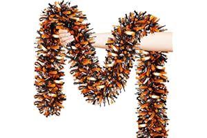 LAIRYAN Halloween Decorations, 50FT Halloween Tinsel Garland Shiny Orange Black Metallic Twist Hanging Garland for Indoor Outdoor Home Tree Stairs Party Decorations