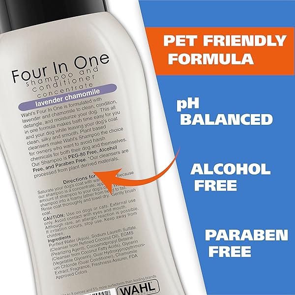 WAHL USA 4-IN-1 CALMING DOG SHAMPOO WITH LAVENDER CHAMOMILE SCENT – CLEANS, CONDITIONS, DETANGLES, & MOISTURIZES – PET FRIENDLY FORMULA – 24 OZ – MODEL 820000A