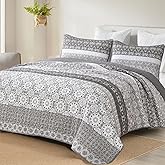 WONGS BEDDING Grey Boho Quilt Set King,Bohemian Floral Striped Patchwork Bedspread Coverlet Set with 2 Pillowcases,Lightweight Microfiber Bohemian Quilt Bedding Set 104"×90"