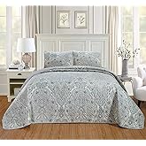 GrandLinen - 3-Piece Oversize King (115 X 95) Quilt Set Microfur Bedspread Coverlet Fine Printed Warm Winter Bed Cover (Aqua Green, Light Grey, Paisley)