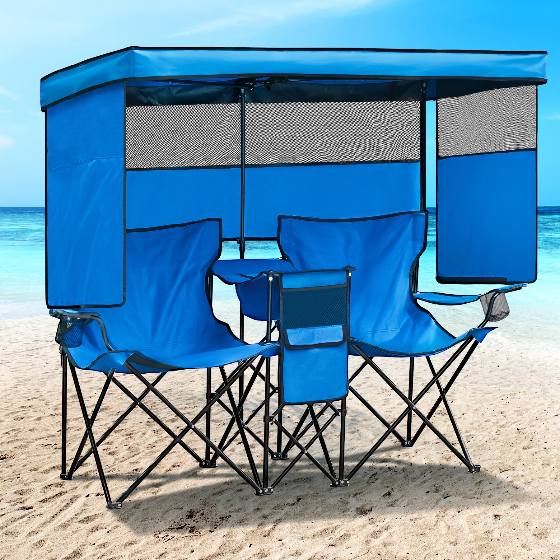 WTVIDAS Double Camping Chair with Canopy Shade Beach Chairs with Cup
