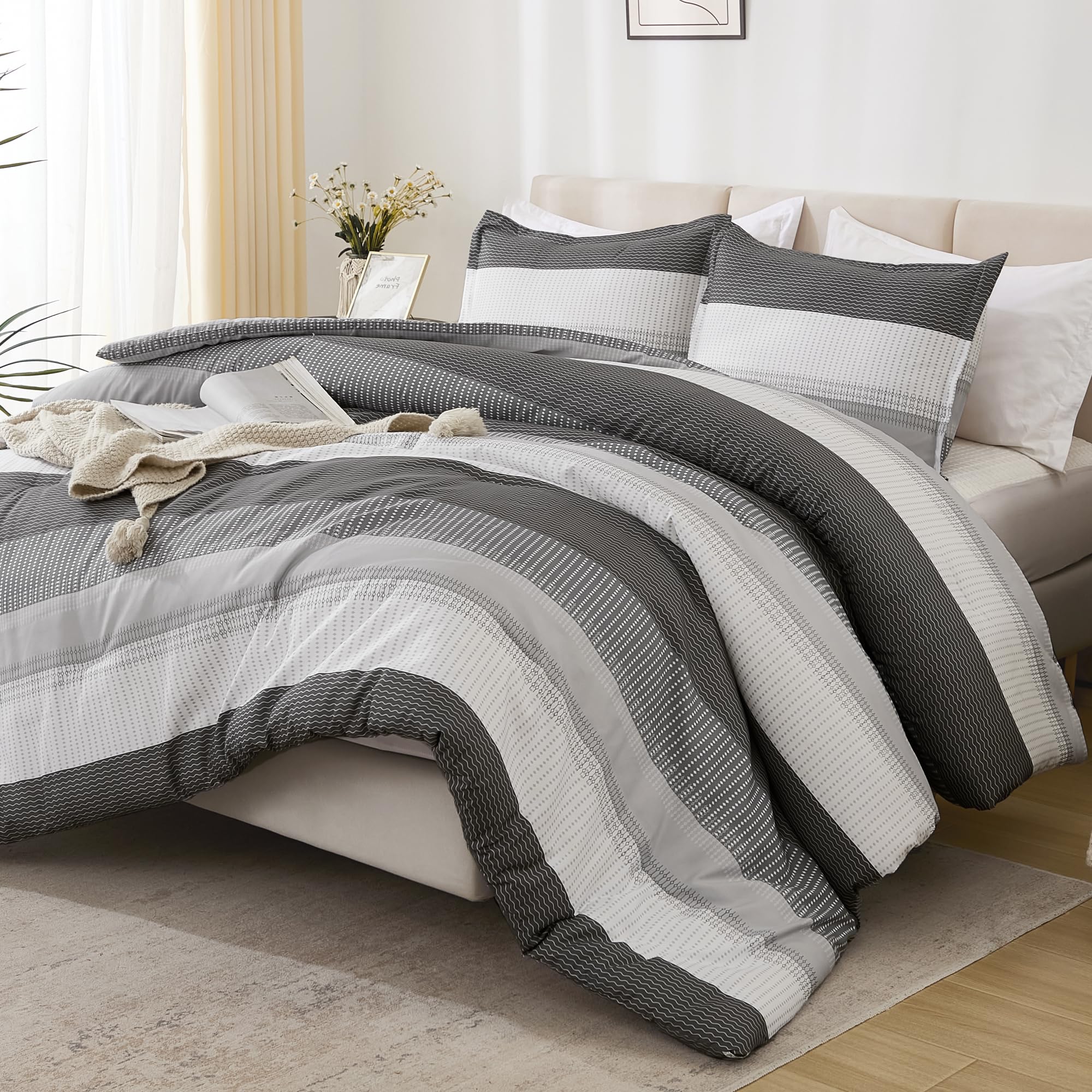 Photo 1 of Litanika Dark Grey Bed Comforter Set Twin/Twin XL Size, 2 Pieces Lightweight Striped Bedding Comforter Set, Soft All Season Down Alternative Comforter (1 Comforter, 1 Pillowcase)